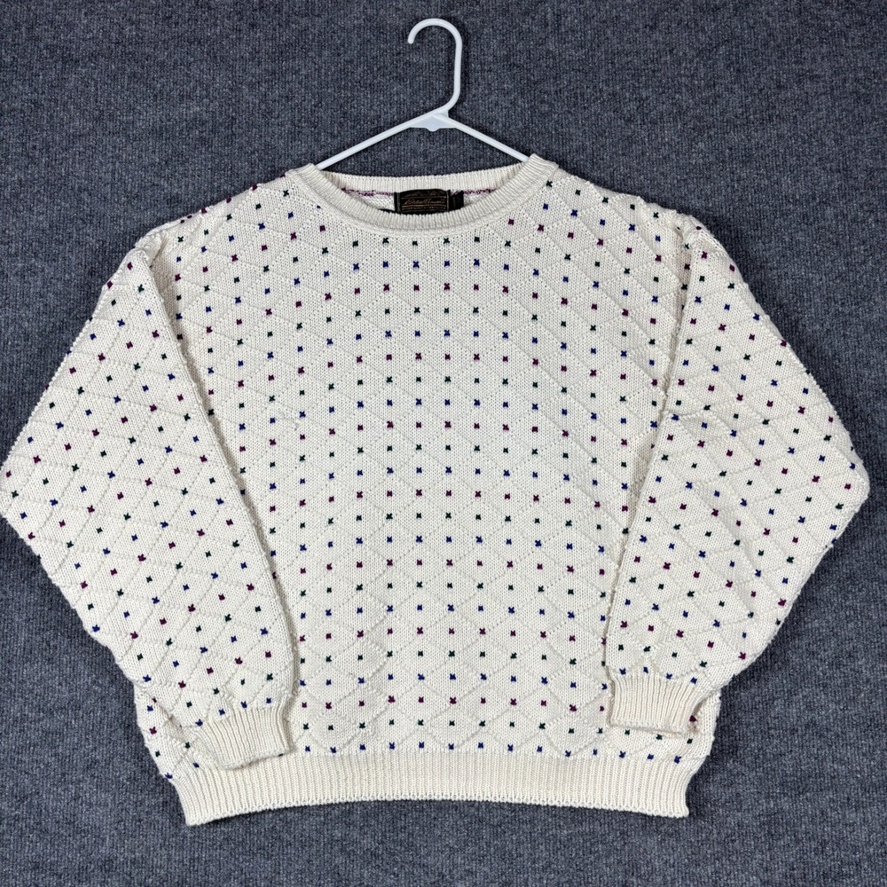 Vintage Eddie Bauer Sweater Womens L Cream Multicolor Dot Diamond Knit USA